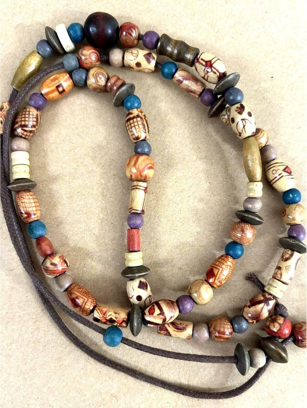 Boho Wood Bead Necklace Tribal Earth Tone Adjustable Necklace